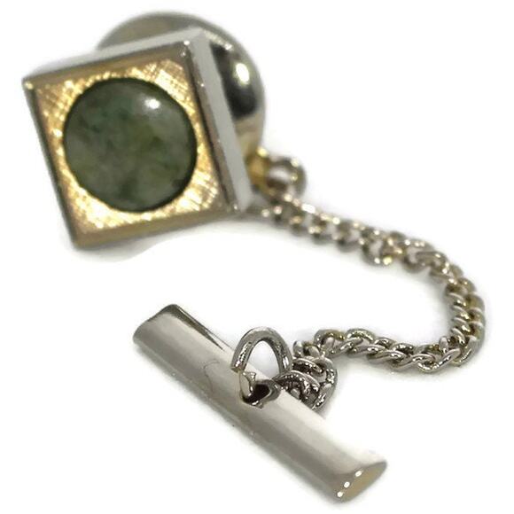 Vintage Gold and Green Stone Tie Tack with Chain, Vintage Men's Accessories - Picture 9 of 10
